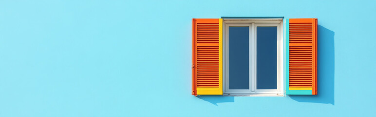 Window with open shutters on bright blue wall background