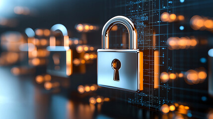 Secure digital locks symbolize cybersecurity and data protection, representing importance of safeguarding information in technology driven world