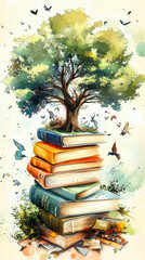 Watercolor illustration of a large stack of books and a tree growing on them, the concept of learning, thirst for knowledge, intellectual growth