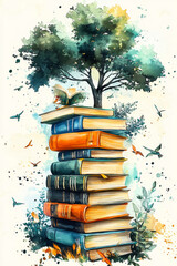 Watercolor illustration of a large stack of books and a tree growing on them, the concept of learning, thirst for knowledge, intellectual growth