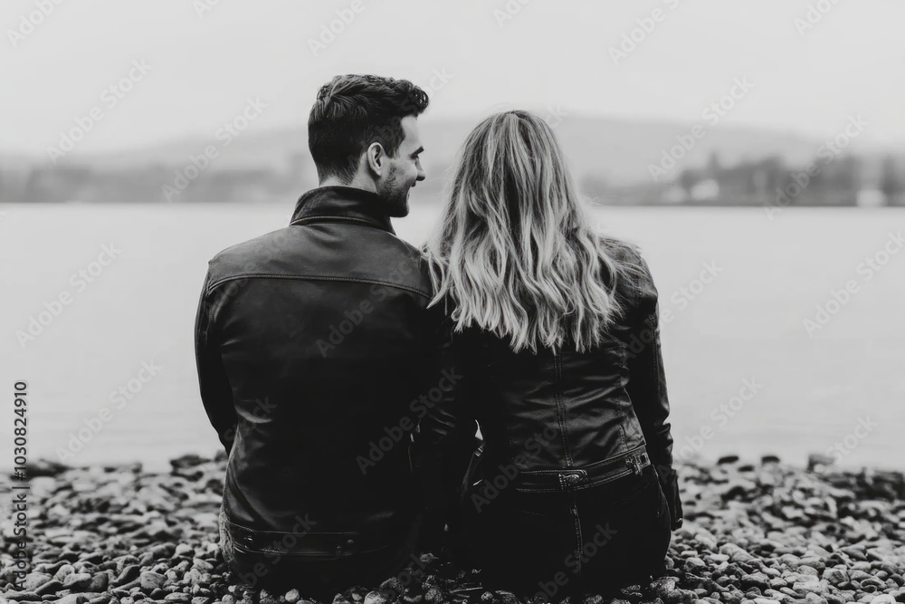 Wall mural couple in leather jackets sitting by a serene lake on a rocky shore in black and white