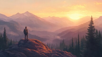 Fototapeta premium A lone adventurer stands on a rocky hill, looking out at a sunrise over majestic mountains and pine forests