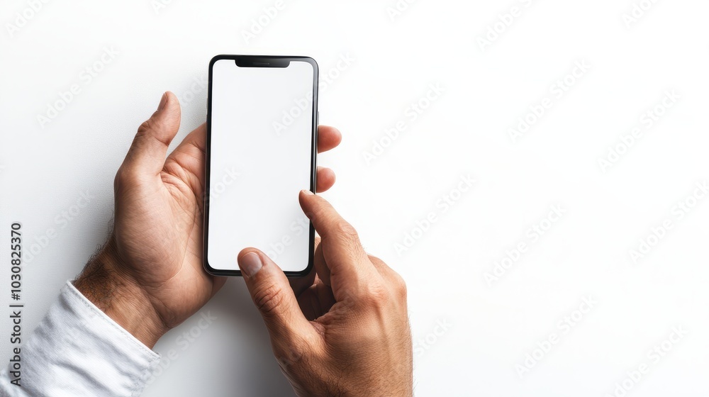 Poster A man's hands holding an smartPhone with the screen facing up, fingers touching the blank white display, isolated on a clear white background.