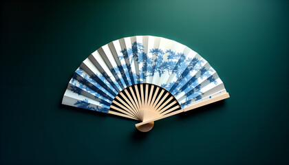 Elegant fan featuring blue floral design on white slats against dark green background for refined decor