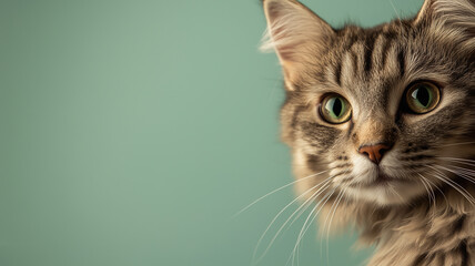 International Cat Day. Close-up of a cat's face against a light green background
