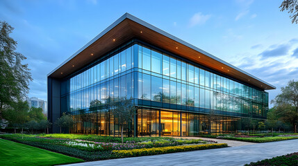 Fototapeta premium Modern glass building surrounded by landscaped gardens at dusk.