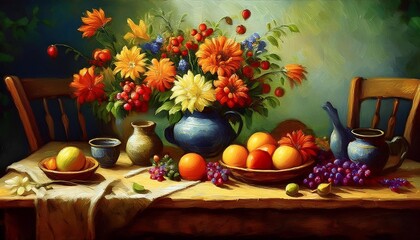 A rustic table adorned with vibrant fruits and flowers in a vintage vase, evoking a warm and inviting atmosphere. Generative AI