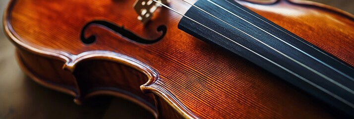 A detailed view of a violin with its intricate strings, reflecting the elegance and artistry of this musical instrument.