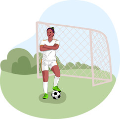 Female soccer player posing with her arms crossed and and foot on soccer ball in white uniform