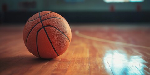 Naklejka premium A lone basketball on a polished court, symbolizing the dynamics and energy of sports, waiting for the next move.