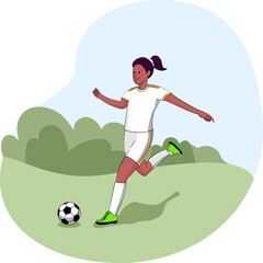 Hispanic female soccer player kicking the ball in white uniform