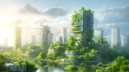 Obraz premium Lush, futuristic cityscape with greenery and water features.