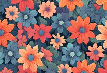 Vibrant Pattern of Colorful Petals and Leaves in a Harmonious Floral Design