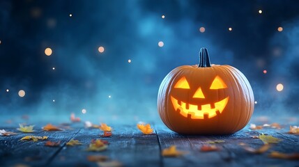 Glowing Halloween Pumpkin in Autumn Leaves Under Starry Night Sky