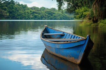 Obraz premium An empty blue rowboat rests calmly on the still waters of a tranquil lake, surrounded by lush forest greenery.