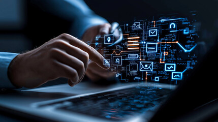 Digital marketer refining SEO plan using keywords and data analysis. image showcases person interacting with laptop, emphasizing technology and digital marketing strategies