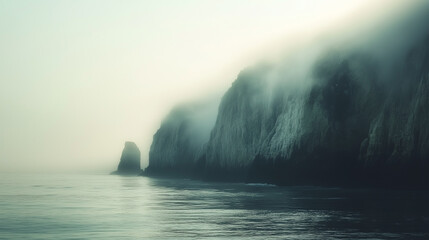 A foggy mountain range with a body of water in front of it