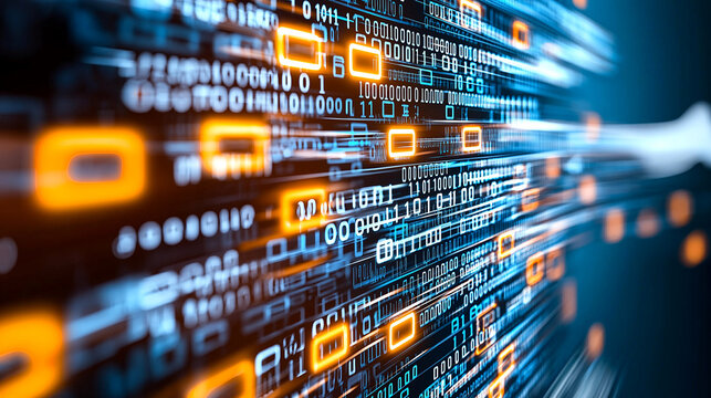 Digital transformation concept showcasing dynamic data flow with binary code and glowing elements, representing technology and innovation in modern context
