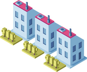 Three isometric buildings with trees are forming a row on a light background, ideal for architectural infographic designs