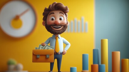 A cheerful cartoon businessman holding money with bar graphs in the background.