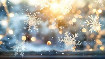 winter wonderland, close-up of frosty snowflakes on a window with a soft glow of christmas lights in the background creating a serene scene