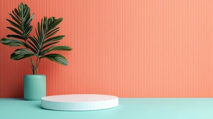 Modern interior setup with a plant, a round platform, and vibrant background.