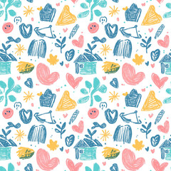 A seamless pattern of hand-drawn sketches in kids art style, full of playful and colorful doodles. Perfect for children's decor, clothing, or creative designs. Whimsical and fun!