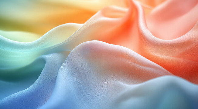 Tissu soyeux avec d&eacute;grad&eacute;s de couleurs pastel, capturant des ondulations fluides et des textures douces dans une ambiance apaisante et lumineuse