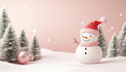Christmas snowman in a winter landscape with pink background and snow covered trees, perfect for holiday themed designs and cheerful winter celebrations