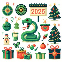 New Year's poster 2025 with the symbol of the year and New Year's decorations, stickers
