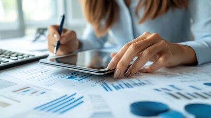 Closeup of a woman reviewing life insurance options on a tablet, surrounded by financial documents, Life Insurance, modern financial planning