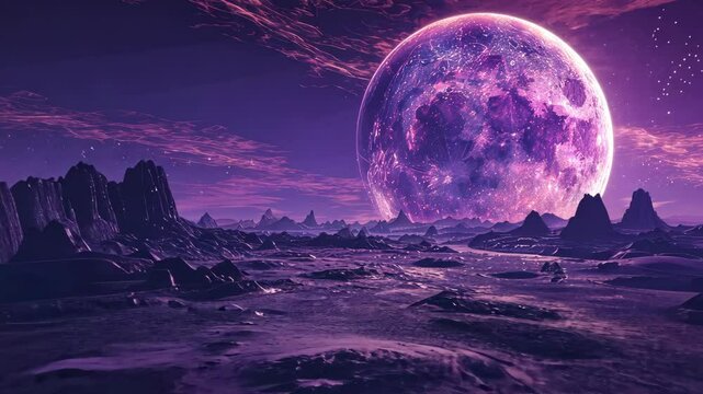 A large, purple moon hangs over a rocky, alien landscape