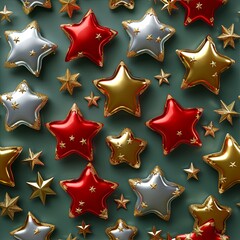 Obraz premium Vibrant display of red gold white stars baubles scattered across a green background for evoking holiday spirit. It is ideal for festive branding, packaging, Christmas themed promotions.