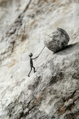 Obraz premium Man Pulling Large Rock Up Hill