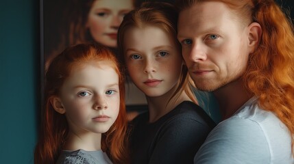 Obraz premium Portrait of Red-Haired Family with Twin Girls
