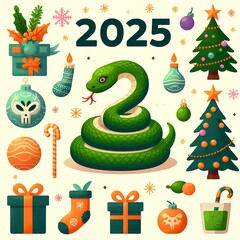 New Year's poster 2025 with the symbol of the year and New Year's decorations, stickers