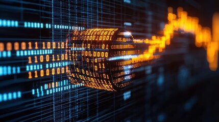 Obraz premium Abstract data visualization with binary code and glowing graphs.