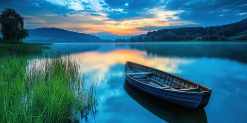 Obraz premium Tranquil Sunset Lake with Rowboat and Mountain Landscape