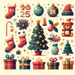 New Year 2025 poster with Christmas tree and New Year decorations, stickers for Christmas and New Year 


