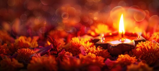 Warm and Festive Diwali Email Banner with Glowing Diya and Marigolds for Promotions