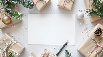 Top view of a Christmas greeting card A4 white paper framed with ornaments on a white background.