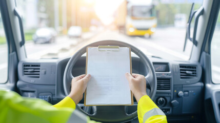 Driver checking a clipboard while driving a truck