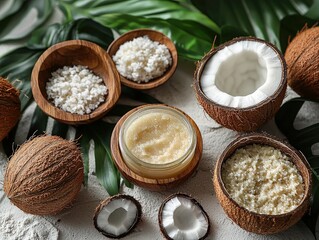 Fototapeta premium Tropical Coconut Oil Skincare Products on White Sand with Palm Leaves