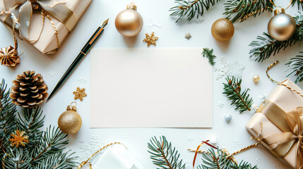 Top view of a Christmas greeting card A4 white paper framed with ornaments on a white background.