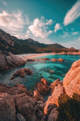 Obraz premium Beach with Rocks and Mountain