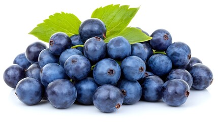 Fresh blueberries with green leaves isolated on white background.