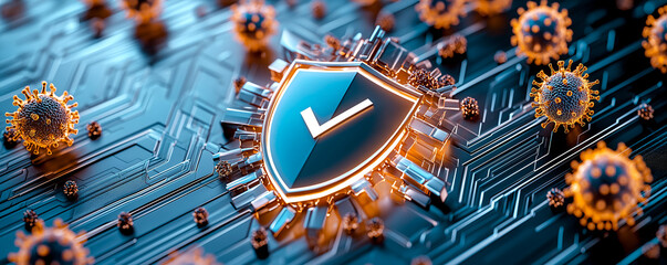 This 3D rendered image features blue shield symbolizing protection against viruses, surrounded by virus icons on digital circuit background, conveying sense of security and technology