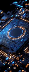 Obraz premium Close-up of a futuristic circuit board with blue lights, dark backdrop.