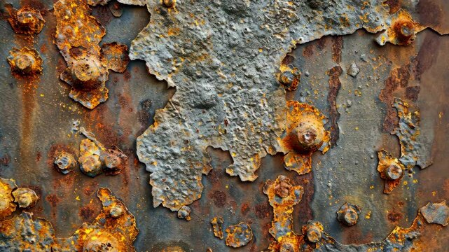 A close-up of a rusted metal surface with peeling paint and exposed rivets