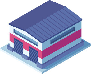 Isometric illustration of a modern warehouse with closed roller shutter doors, emphasizing logistics and industry. Commercial exterior design in blue and red, isolated on white